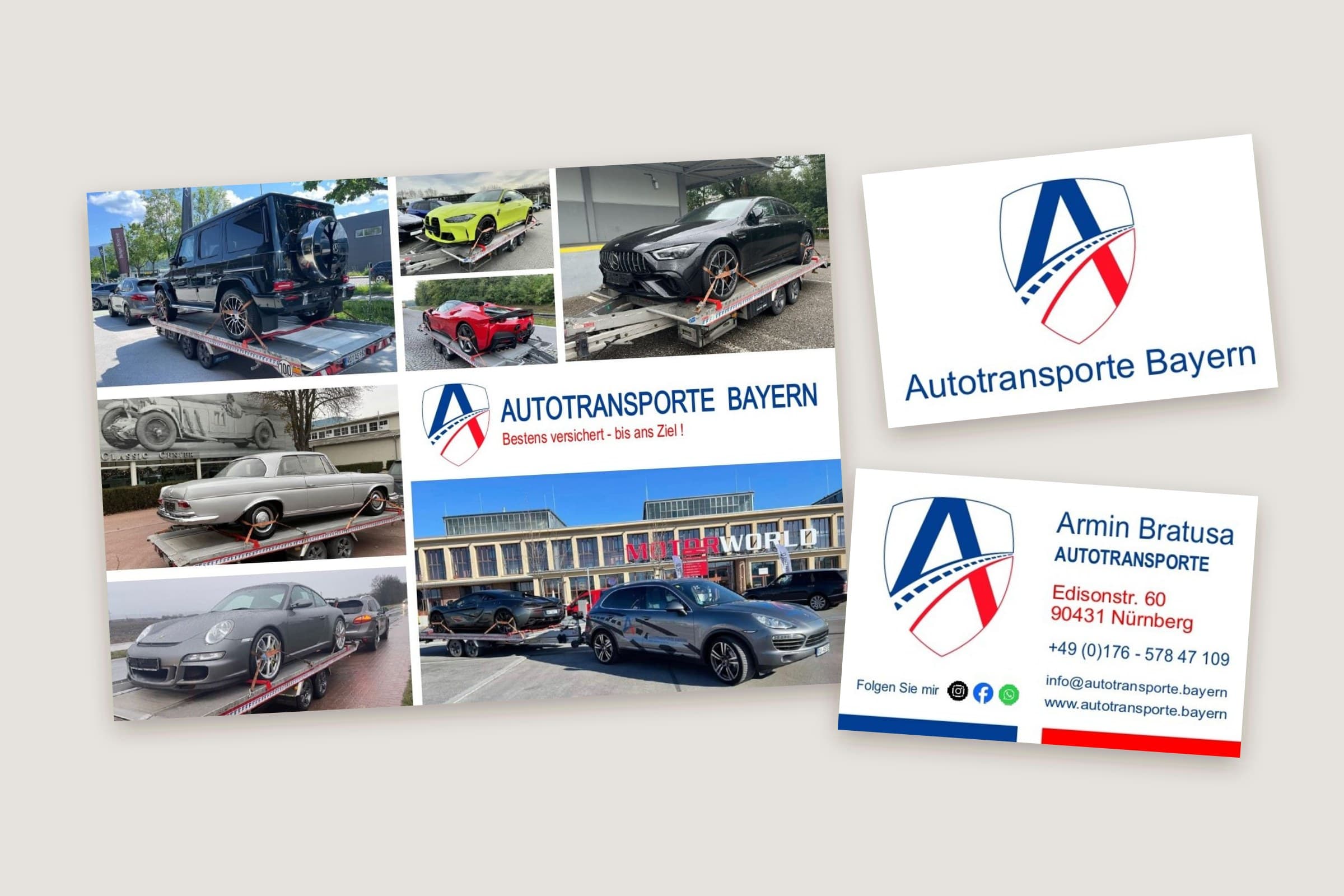 Flyer und Visitenkarten von Autotransporte Bayern: Flyer mit Fotos transportierter Fahrzeuge, Visitenkarte vorne mit Logo und hinten mit Kontaktdaten