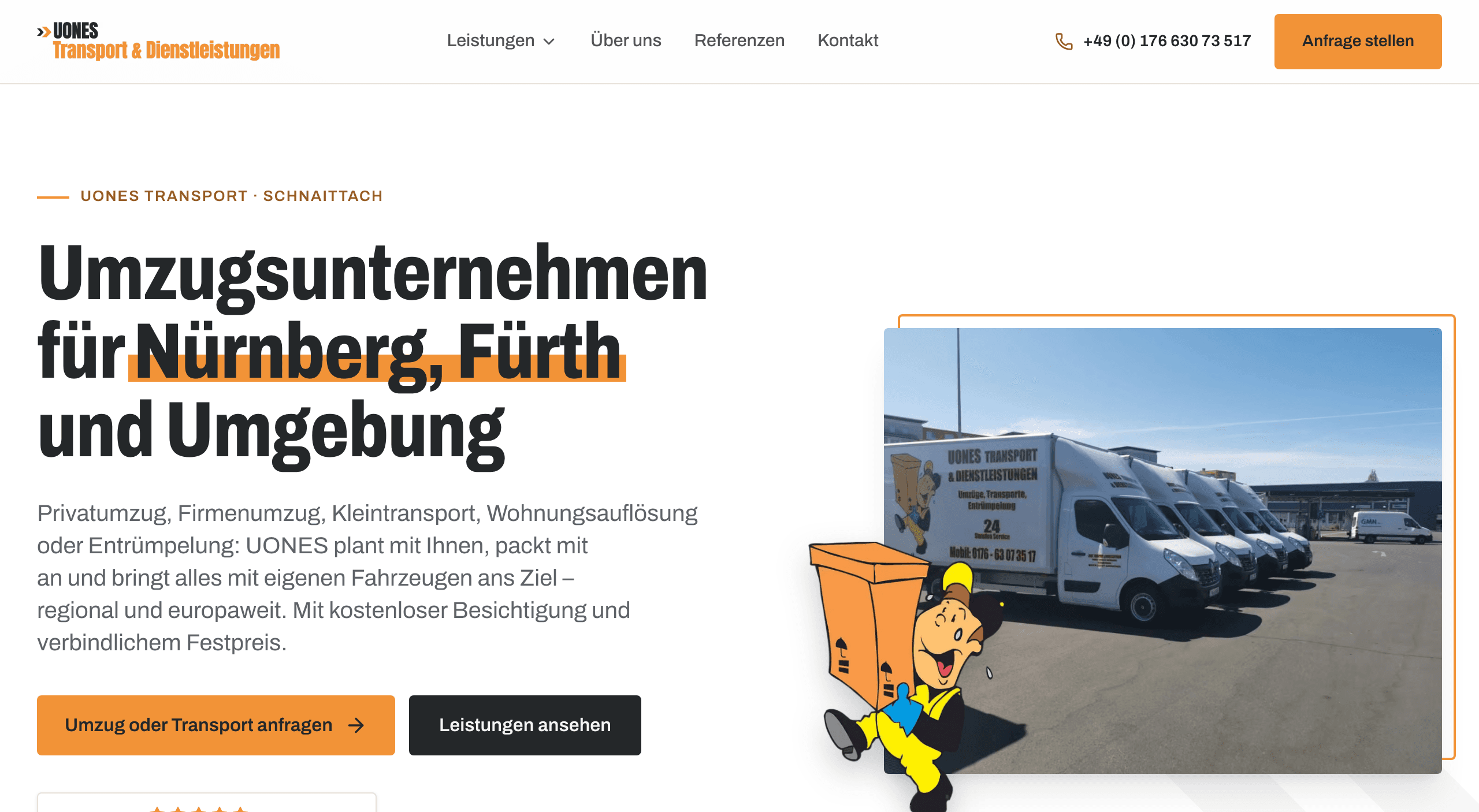 Startseite von UONES Transport mit der Überschrift „Umzugsunternehmen für Nürnberg, Fürth und Umgebung“ und einem Foto der Umzugsfahrzeuge